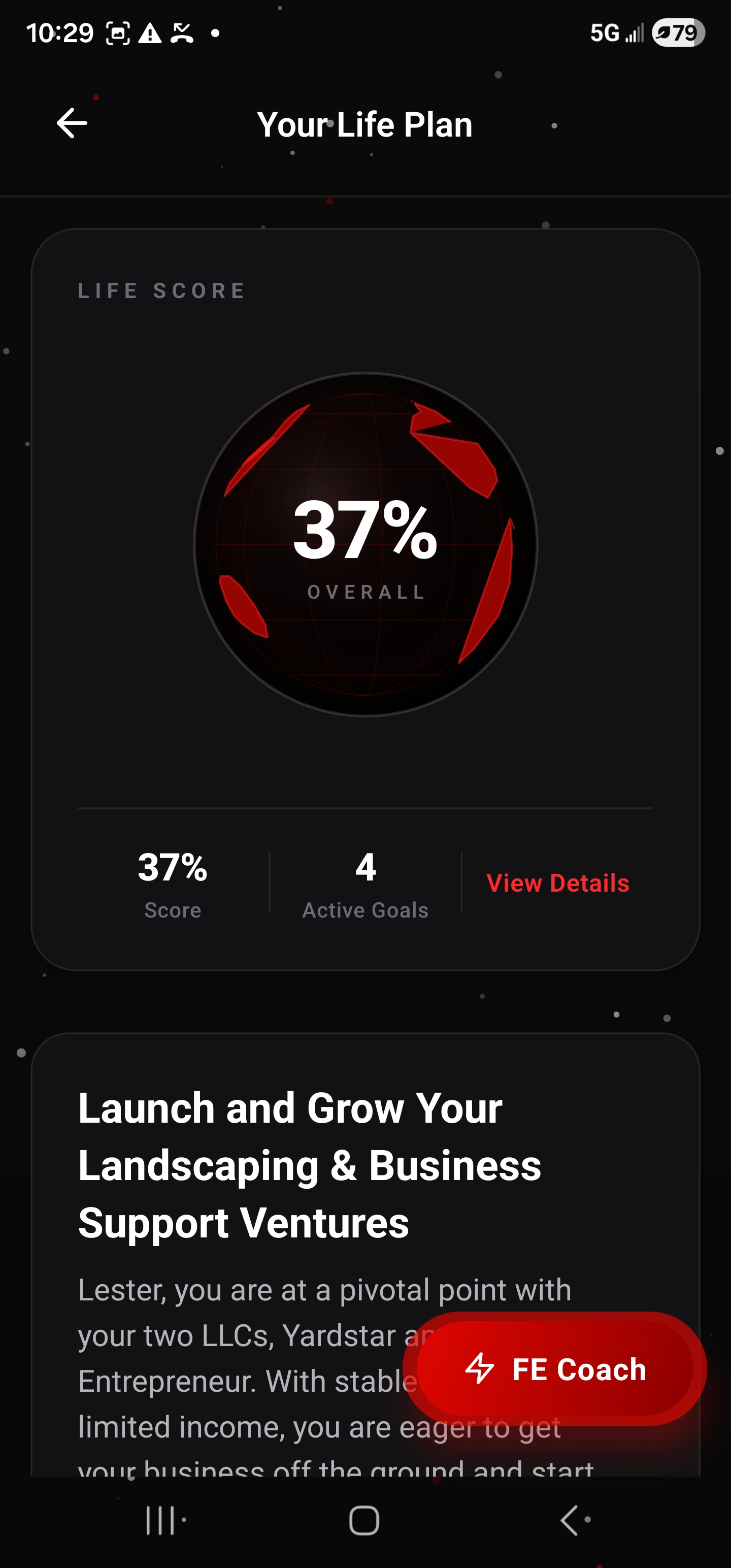 Felon Entrepreneur app Life Plan detail showing personalized business venture roadmap with FE Coach