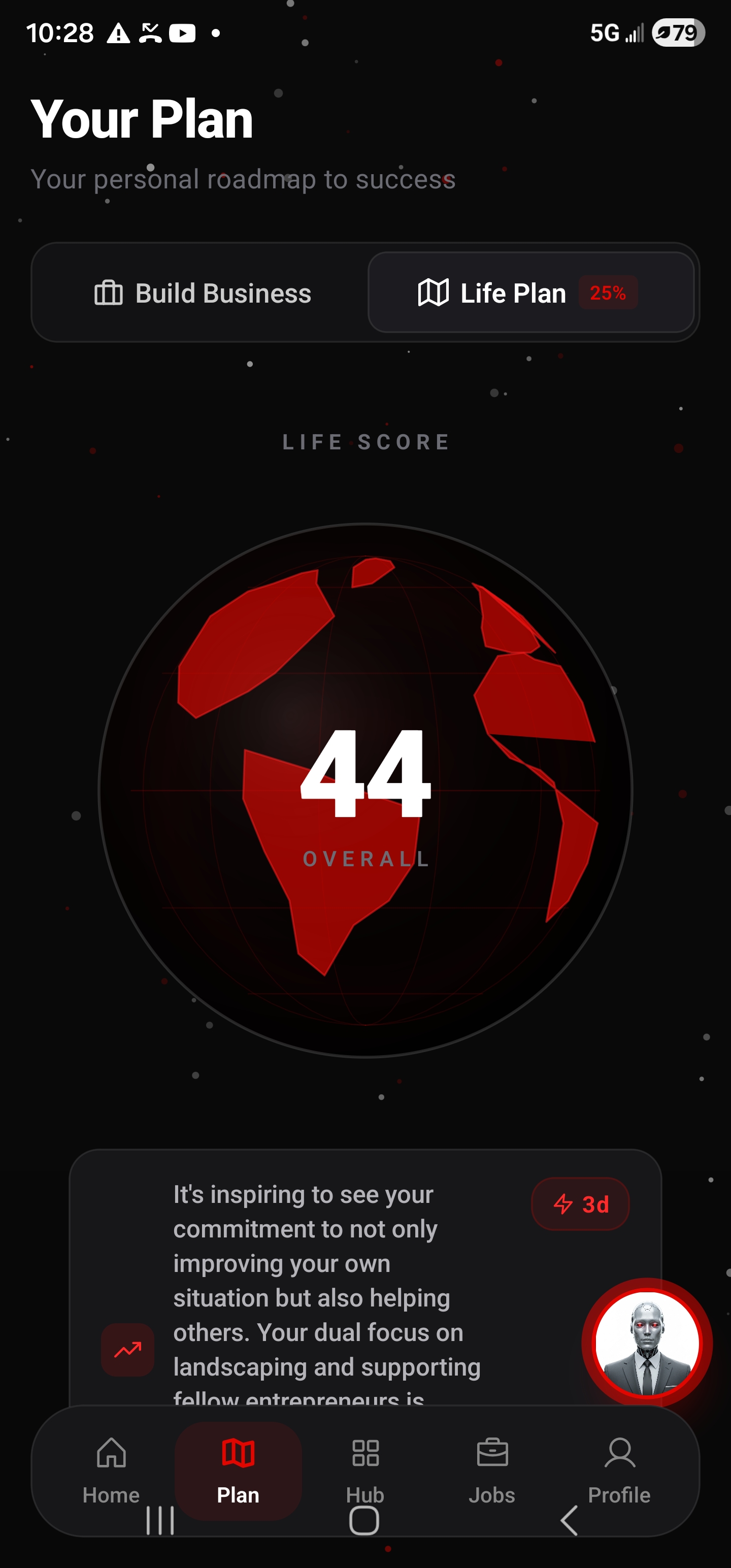 Felon Entrepreneur app Life Plan screen showing Life Score globe with 44 overall score
