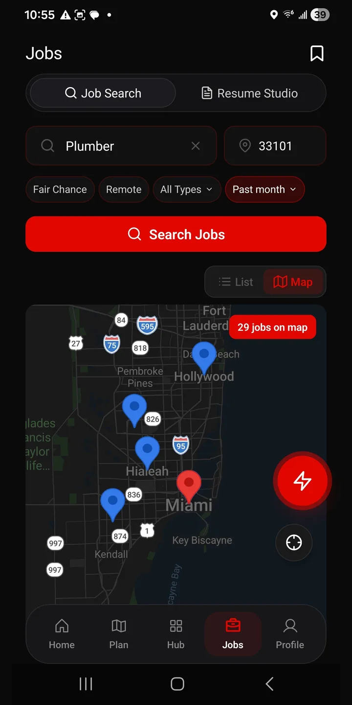 The Felon Entrepreneur app showing fair-chance jobs plotted on a map