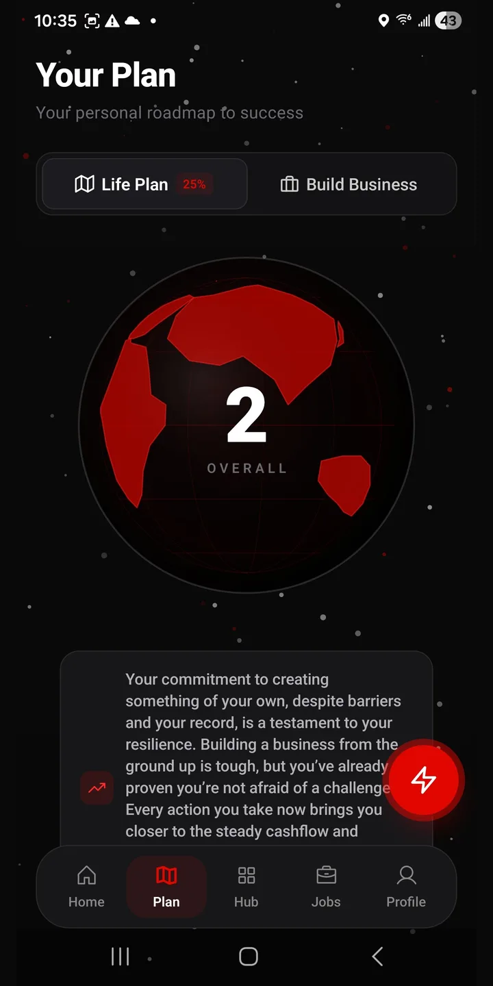 The Felon Entrepreneur app showing the Life Plan with step-by-step goals