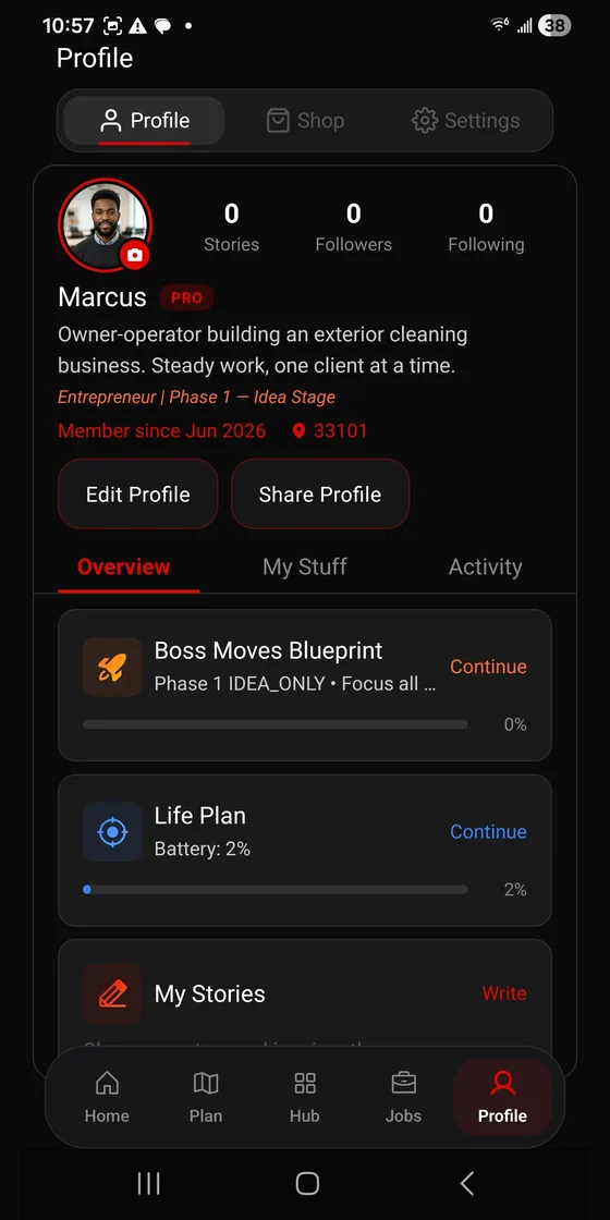Your profile with badges, streaks, and progress