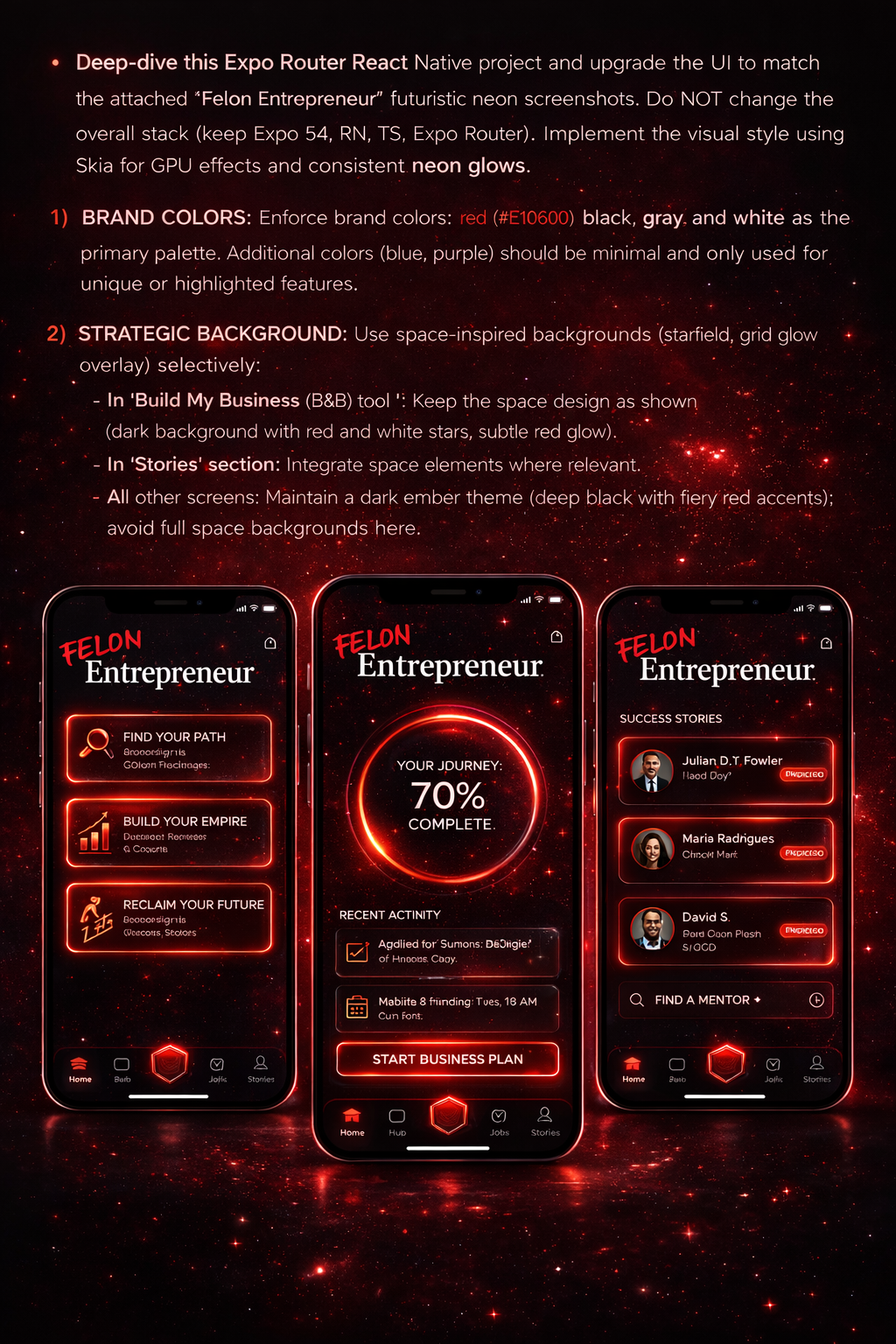Felon Entrepreneur app showcasing Life Plan, Progress Tracking, and Success Stories features